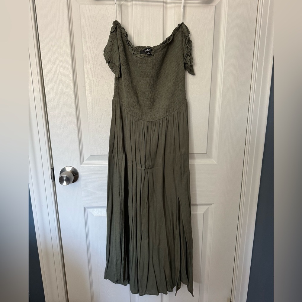 Lulu's Olive Green Strapless Off-Shoulder Midi Dress - Picture 2 of 4